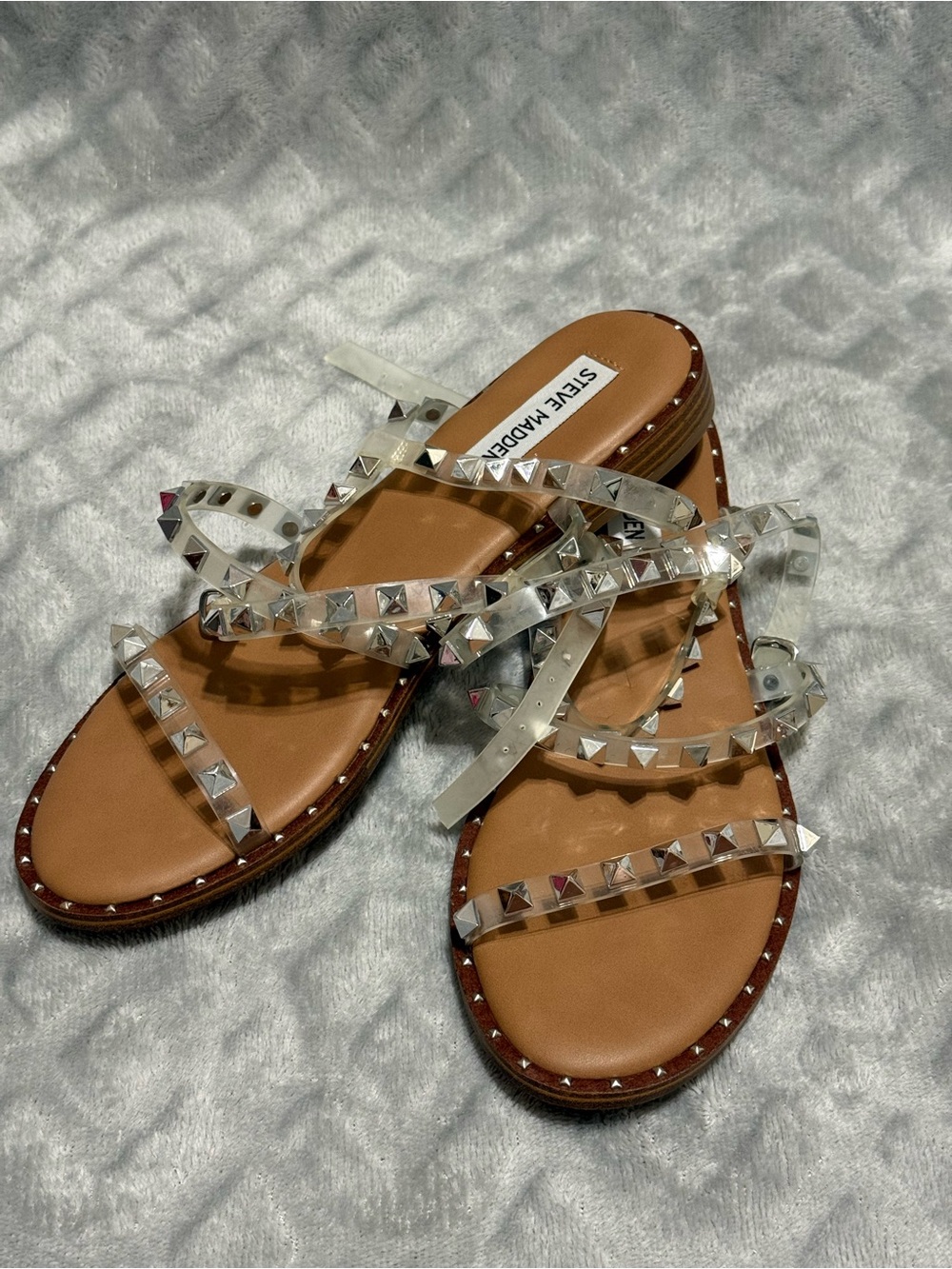 Steve Madden Clear Studded Strappy Sandals with Tan Footbed